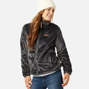 gray fluffy zip up jacket, size small, brand: columbia